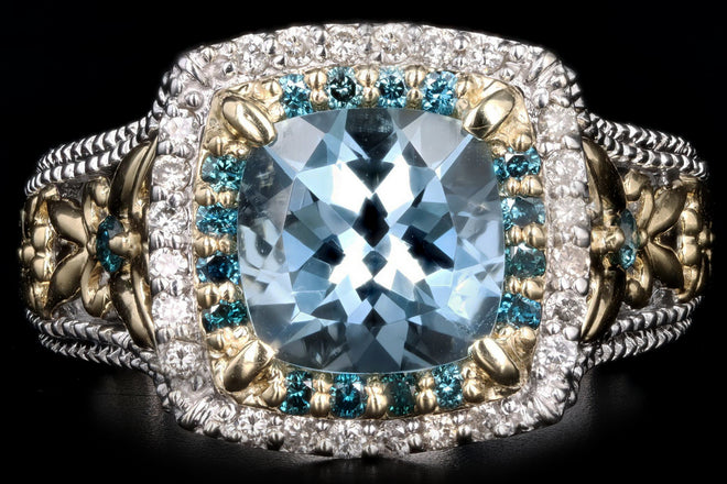 14K Two Tone Gold 2.0 Carat Aquamarine & Blue Diamond Ring - Queen May