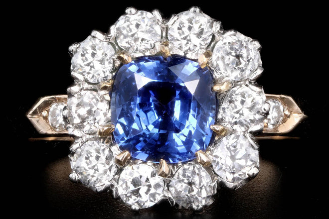 Victorian Inspired 18K Yellow Gold & Platinum 1.0 Carat Cushion Cut Sapphire & Old European CutDiamond Halo Custer Ring - Queen May