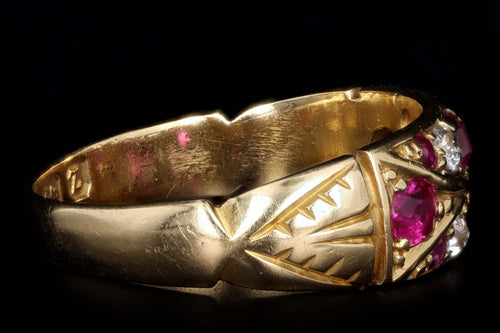 Victorian Circa 1899 William J. Holmes 18K Yellow Gold Natural Ruby & Old Mine Cut Diamond Band - Queen May