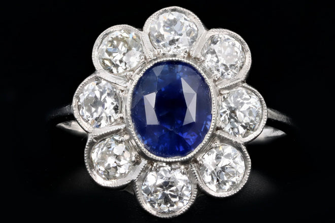 Art Deco Inspired Platinum 2.21 Carat Oval Cut Natural Sapphire & Old European Cut Diamond Halo Cluster Ring - Queen May