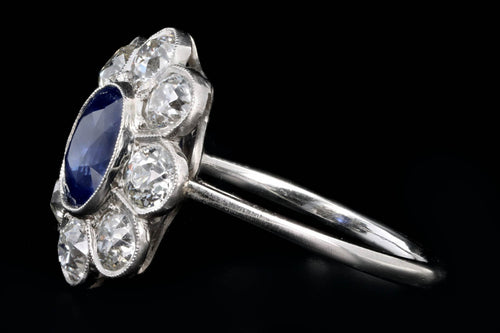 Art Deco Inspired Platinum 2.21 Carat Oval Cut Natural Sapphire & Old European Cut Diamond Halo Cluster Ring - Queen May