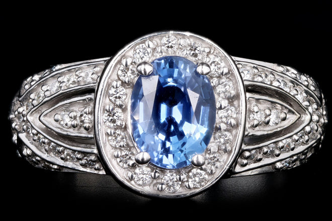 14K White Gold 1.71 Carat Natural Sapphire & Diamond Halo Ring - Queen May