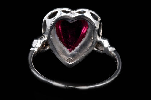 Art Deco Platinum Heart Cabochon Cut Pink Tourmaline & Diamond Ring - Queen May