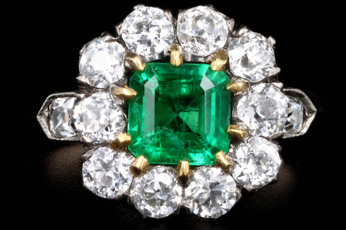 Victorian Inspired 18K Yellow Gold & Platinum 0.77 Carat Natural Emerald & Old European Cut Diamond Halo Cluster Ring - Queen May