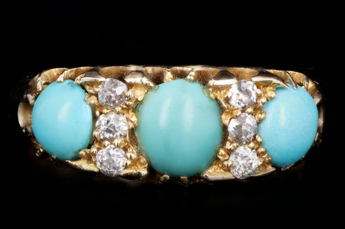 Victorian 18K Yellow Gold Cabochon Cut Turquoise & Old Mine Cut Diamond Three Stone Ring - Queen May