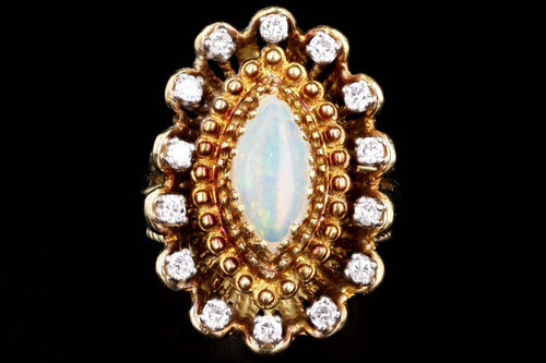 Vintage 14K Yellow Gold .75 Carat Marquise Cabochon Opal & Diamond Ring - Queen May