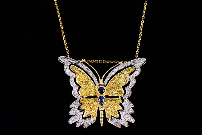 18K Yellow Gold 1.27 Carat Total Weight Sapphire & Yellow Diamond Butterfly Pendant Necklace - Queen May