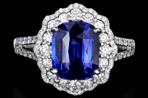 14K White Gold 3.08 Carat Cushion Cut Natural Sapphire & Diamond Halo Cluster Ring - Queen May