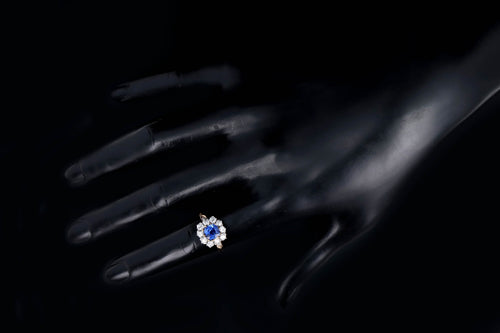Victorian Inspired 18K Yellow Gold & Platinum 1.0 Carat Cushion Cut Sapphire & Old European CutDiamond Halo Custer Ring - Queen May