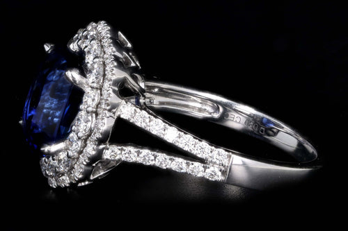 14K White Gold 3.08 Carat Cushion Cut Natural Sapphire & Diamond Halo Cluster Ring - Queen May