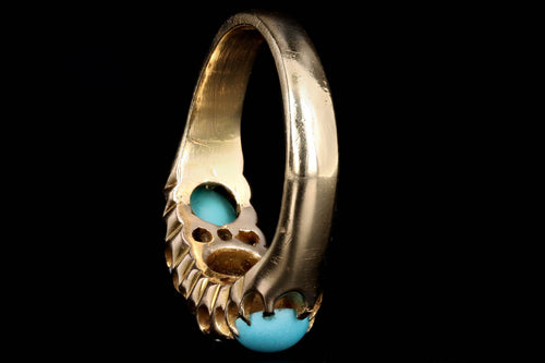 Victorian 18K Yellow Gold Cabochon Cut Turquoise & Old Mine Cut Diamond Three Stone Ring - Queen May