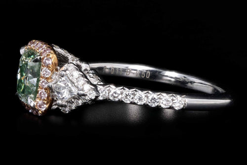 18K White Gold 1.01 Carat Cushion Cut Natural Fancy Yellowish Green Diamond & Light Pink Diamond Engagement Ring GIA Certified - Queen May