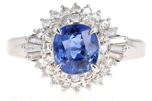 Retro Platinum 1.38 Carat Cushion Cut Natural Sapphire & Diamond Fan Ring - Queen May