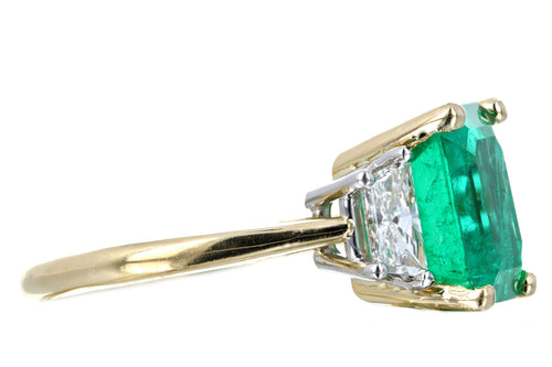 4.47 Carat Natural Colombian Emerald & Trapezoid Diamond Three Stone Ring AGL Certified - Queen May