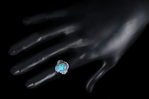 Retro Platinum 4.36 Carat Oval Cabochon Cut Black Opal & Diamond Ring - Queen May