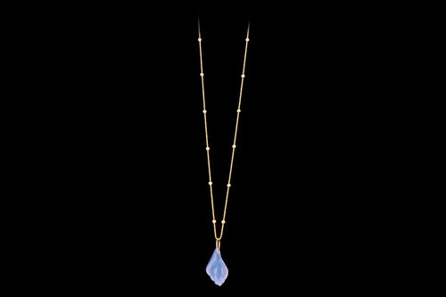 New 14K Yellow Gold Blue Chalcedony Shell Pendant Necklace - Queen May