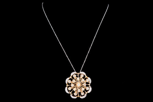 Retro 14K Gold 1.5 Carat Round Brilliant Diamond Flower Pin Conversion Pendant Necklace - Queen May