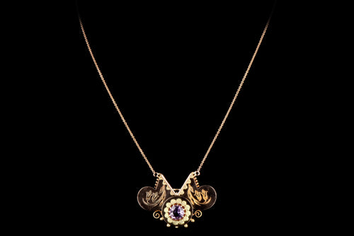Victorian 14K Rose Gold 1.30 Carat Round Amethyst Brooch Conversion Pendant Necklace - Queen May