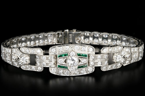Art Deco Platinum 5 Carat Old European Cut Diamond & Emerald Bracelet - Queen May
