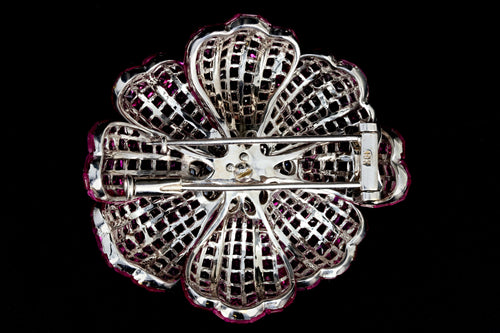 Retro 18K White Gold 25 Carat Ruby and 1 Carat Diamond Flower Brooch - Queen May