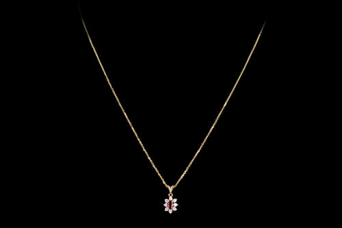 Modern 14K Yellow Gold .30 Carat Natural Ruby & Diamond Halo Pendant Necklace - Queen May