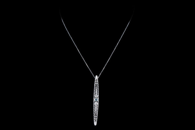 Art Deco Platinum & 14k Yellow Gold .15 Carat Synthetic Spinel Bar Pin Conversion Pendant Necklace - Queen May