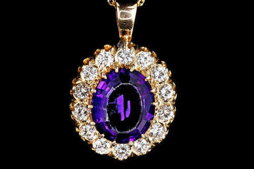 Modern 14K Yellow Gold 3.28 Carat Oval Amethyst & Diamond Halo Pendant Necklace - Queen May
