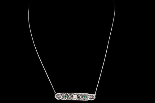Art Deco 14K White Gold .30 Carat Old Mine Diamond Bar Pin Conversion Pendant Necklace - Queen May