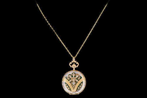 Antique 14K Yellow Gold Enamel & Rose Cut Diamond Pocket Watch Conversion Locket Pendant Necklace - Queen May
