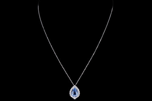 New 14K White Gold 7.23 Carat Natural Ceylon Sapphire & Diamond Halo Pendant Necklace GIA Certified - Queen May