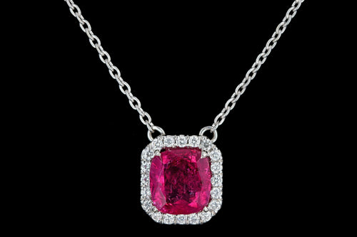 New 14K White Gold 1.18 Carat Rubellite Tourmaline and Diamond Pendant Necklace - Queen May