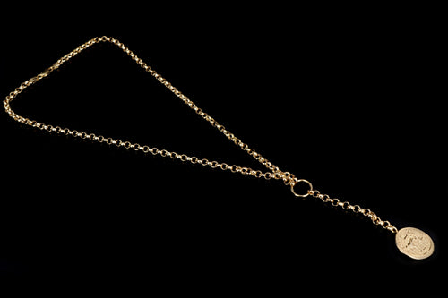 New 14K Yellow Gold Coin Medallion Lariat Pendant Necklace - Queen May