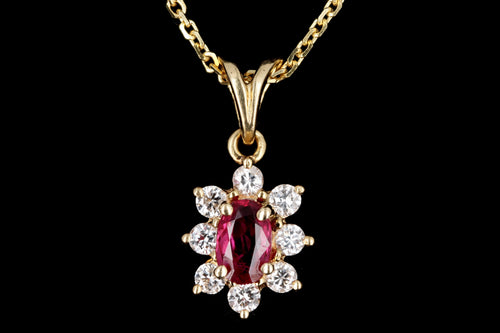 Modern 14K Yellow Gold .30 Carat Natural Ruby & Diamond Halo Pendant Necklace - Queen May