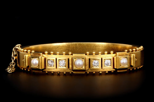 Victorian 18K Yellow Gold Old Mine Cut Diamond & Pearl Bangle Bracelet - Queen May