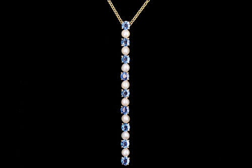 Victorian 14K Yellow Gold 1.8 Carats Total Natural Blue Yogo Gulch Sapphire and Pearl Bar Pin Conversion Necklace - Queen May