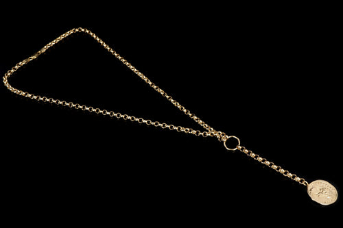New 14K Yellow Gold Coin Medallion Lariat Pendant Necklace - Queen May