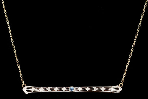 Art Deco 14K & Platinum Natural No Heat Natural Sapphire Bar Pin Conversion Necklace - Queen May