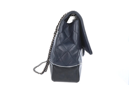 Chanel Cruise Collection Lambskin Two-Tone Black & Navy Single Flap Bag - Queen May