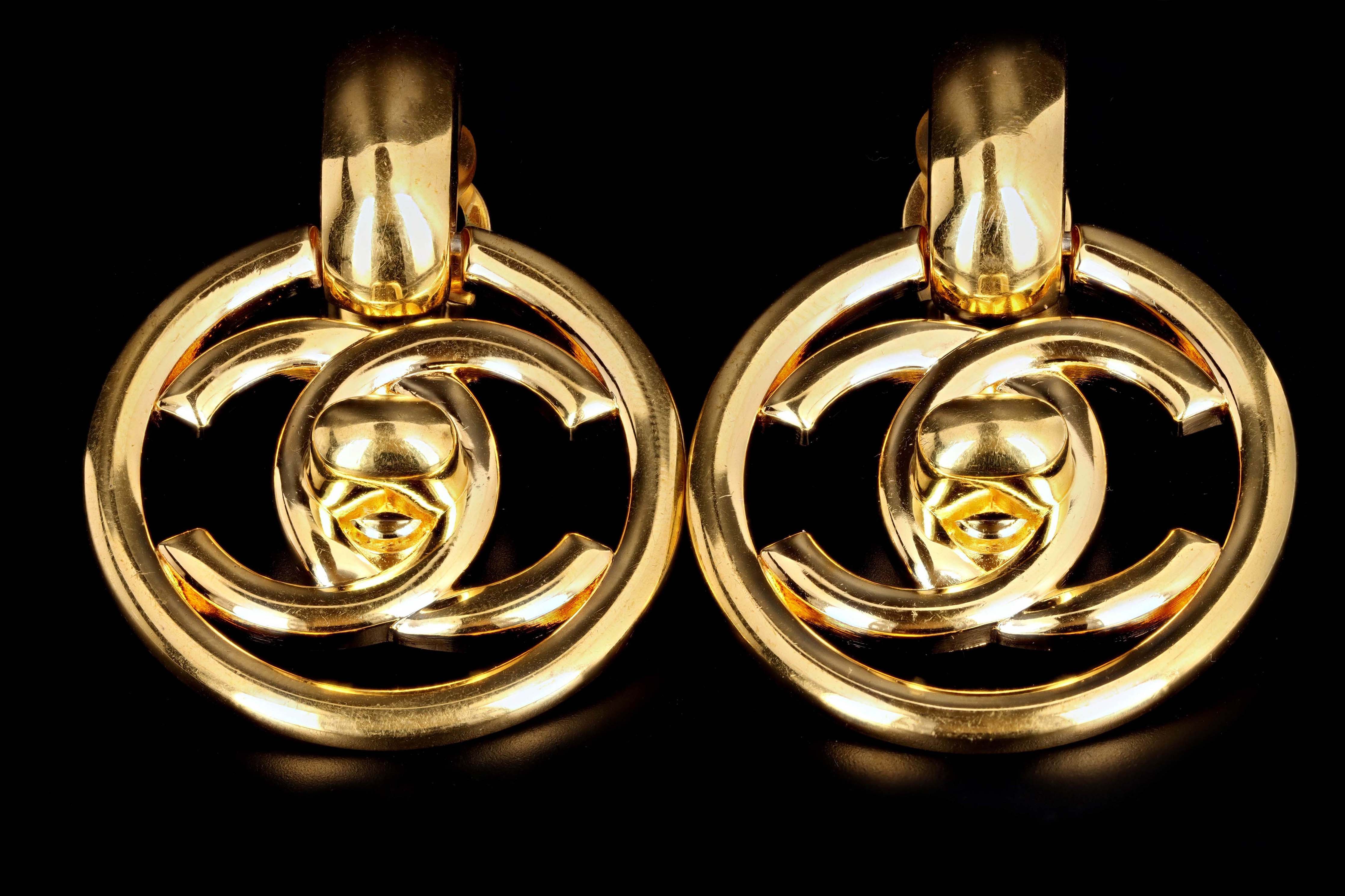 Vintage Chanel Gold Plated Doorknocker Large Clip On Earrings