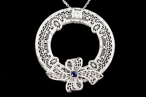 Art Deco 14K White Gold Diamond & Synthetic Sapphire Pin Conversion Pendant Necklace - Queen May
