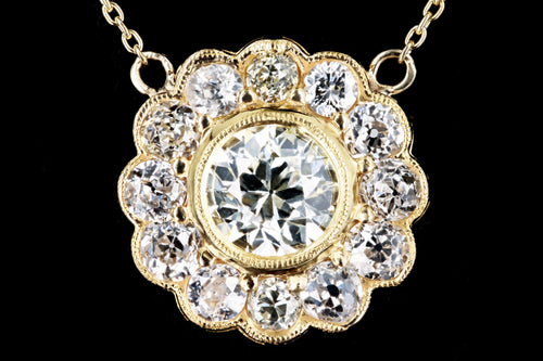 Edwardian Conversion 14K Yellow Gold 1.00 Carat Old European Cut Diamond Halo Pendant Necklace GIA Certified - Queen May