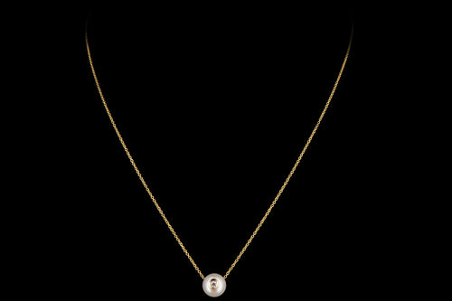 Modern 14K Yellow Gold 9mm Pearl and .05 Carat Diamond Necklace - Queen May