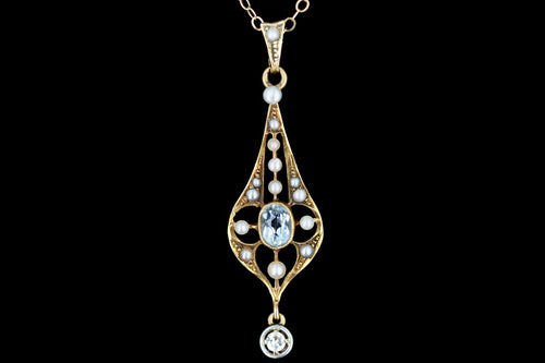 Edwardian 14K Yellow Gold .32 Carat Aquamarine, Seed Pearl, & Diamond Pendant Necklace - Queen May