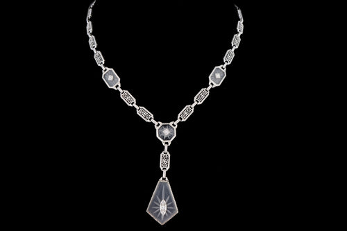 Art Deco 14K White Gold Filigree Rock Crystal & Diamond Necklace - Queen May