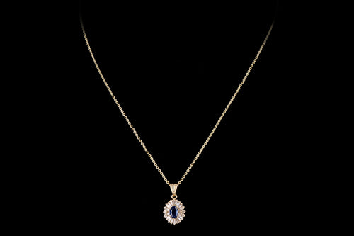 Retro 14K Yellow Gold .85 Carat Natural Sapphire & Diamond Pendant Necklace - Queen May