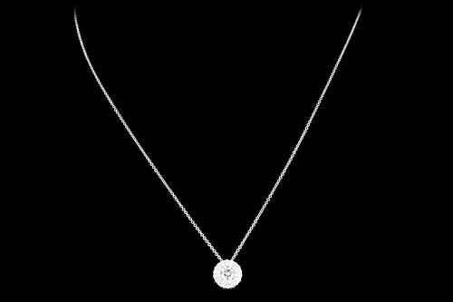 Modern 18K White Gold .42 Carat Round Brilliant Cut Diamond Halo Pendant Necklace - Queen May