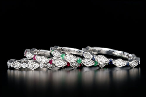 14K White Gold Diamond and Emerald, Ruby or Sapphire Half Eternity Band - Queen May