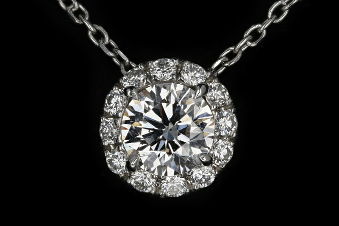 14K White Gold .50 Carat Diamond Halo Pendant Necklace - Queen May