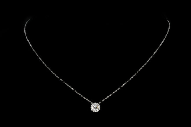 14K White Gold .50 Carat Diamond Halo Pendant Necklace - Queen May