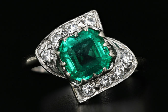 Vintage 14K White Gold 1.5 Carat Colombian Emerald and Diamond Ring - Queen May